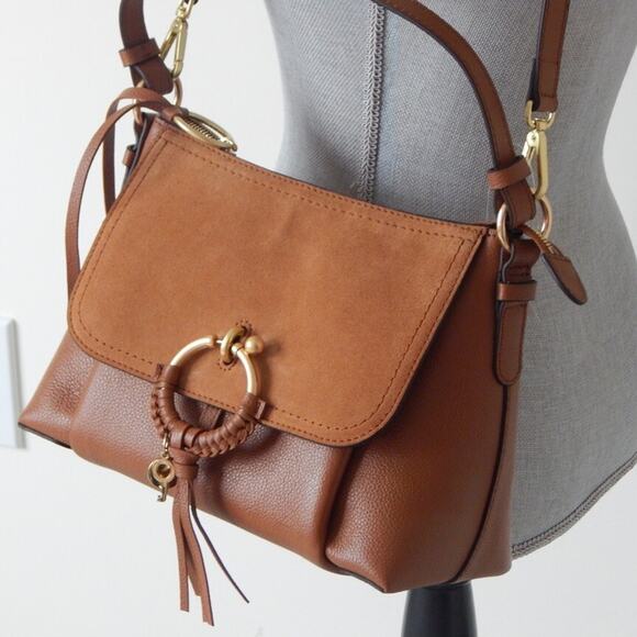 See By Chloe Joan Leather Suede Flap Top Zip Caramel Shoulder Bag Authentic NWT - Picture 5 of 16